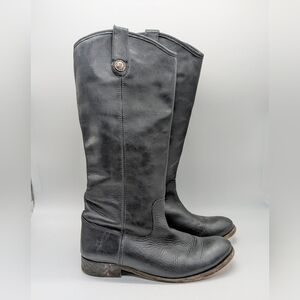 Frye Melissa Button Lug Double Sole Black Leather Riding Boot 8.5